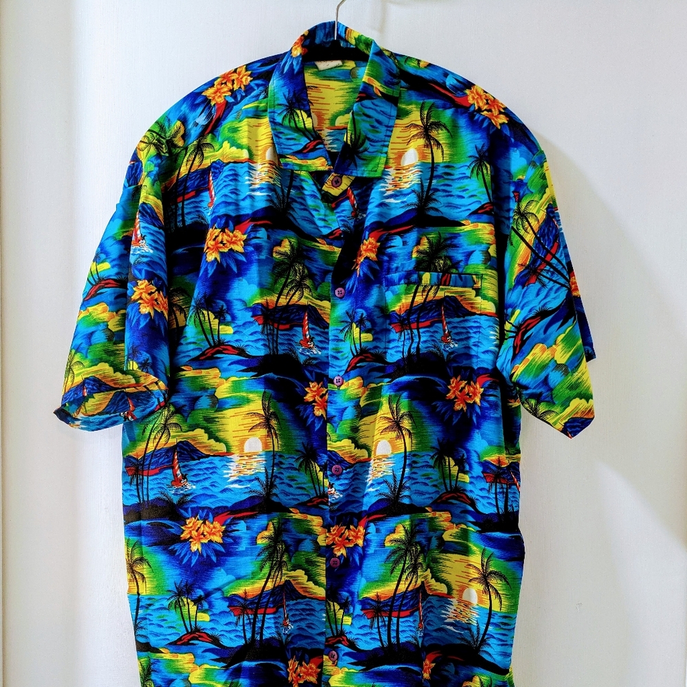 Mens Hawaiian Island Shirt Colorful Floral Scenic Sz L Colorful Tropical Aloha!